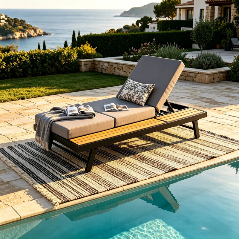 Black Iron + Teak Finish Chaise Lounge Set by HouseOfZazla