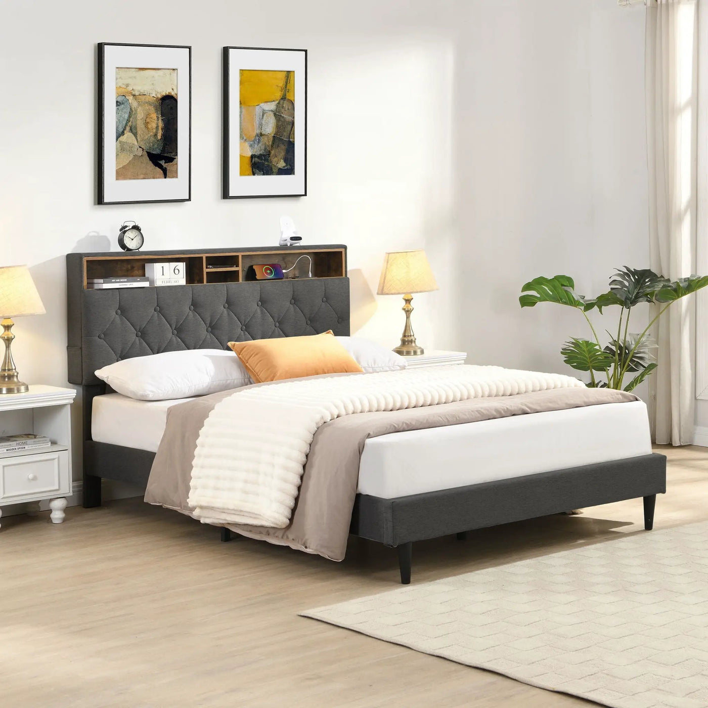 Modern Upholstered Platform Bed Frame With Button Tufted Headboard And USB Ports by HouseOfZazla