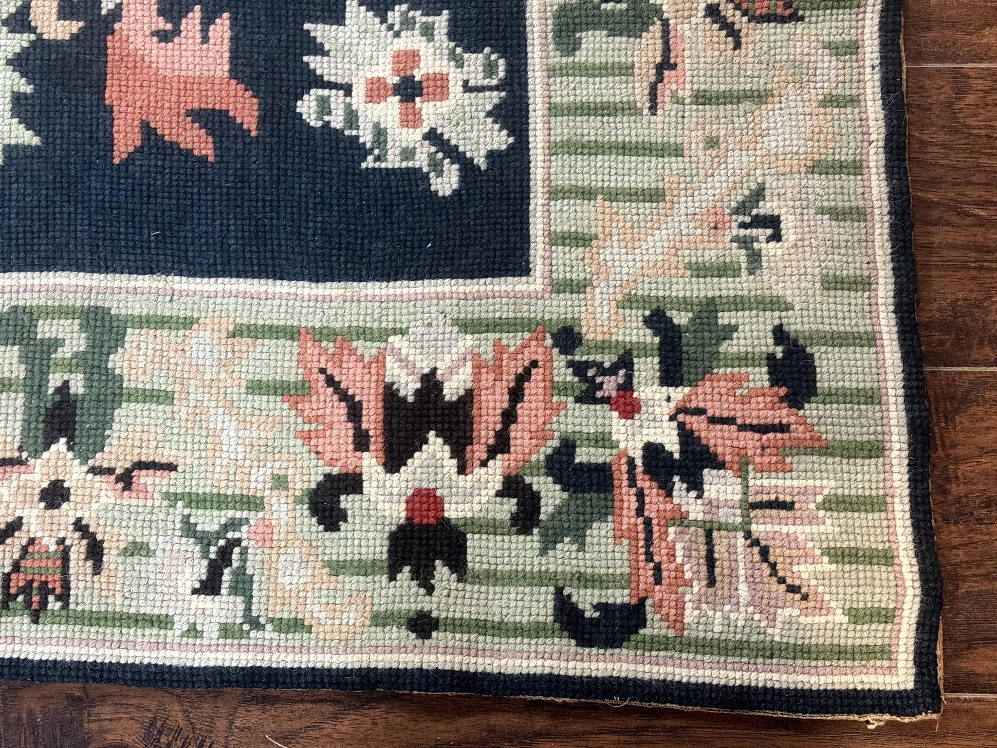 Vintage American Needlepoint Rug 4x6, Dark Green, Wool, Handmade, Flatweave Carpet by Jewel Rugs