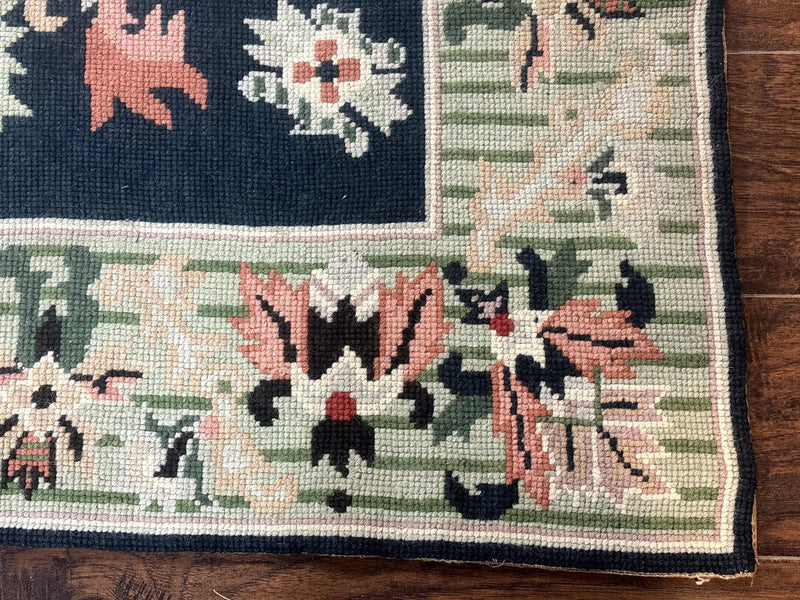 Vintage American Needlepoint Rug 4x6, Dark Green, Wool, Handmade, Flatweave Carpet by Jewel Rugs