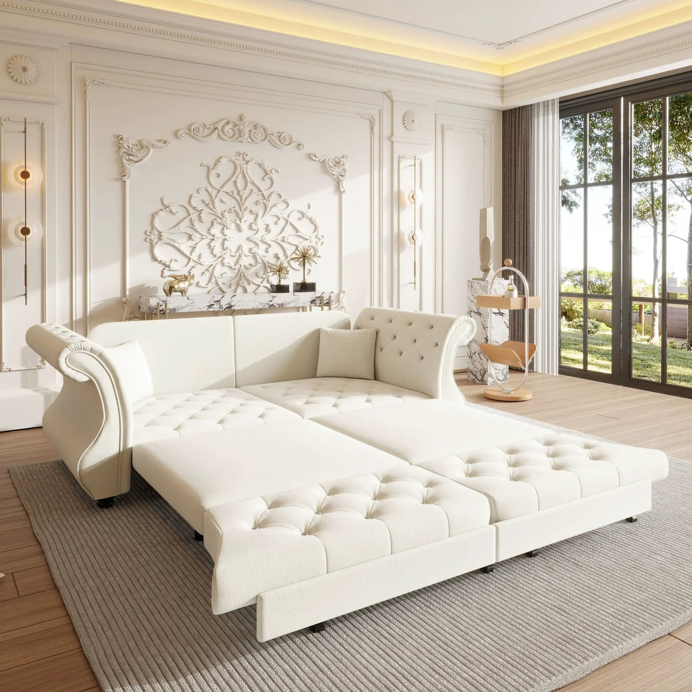 Oversized Chesterfield Pull Out Sofa Bed, Roll Arm Couch With Flower Tufting For Living Room by HouseOfZazla