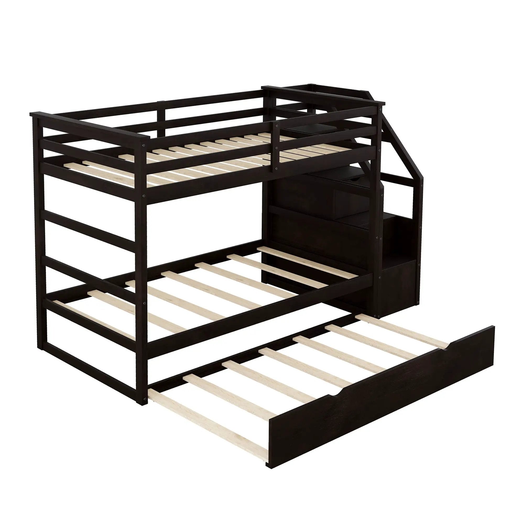 Twin Over Twin Bunk Bed With Twin Size Trundle And 3 Storage Stairs - Espresso by HouseOfZazla