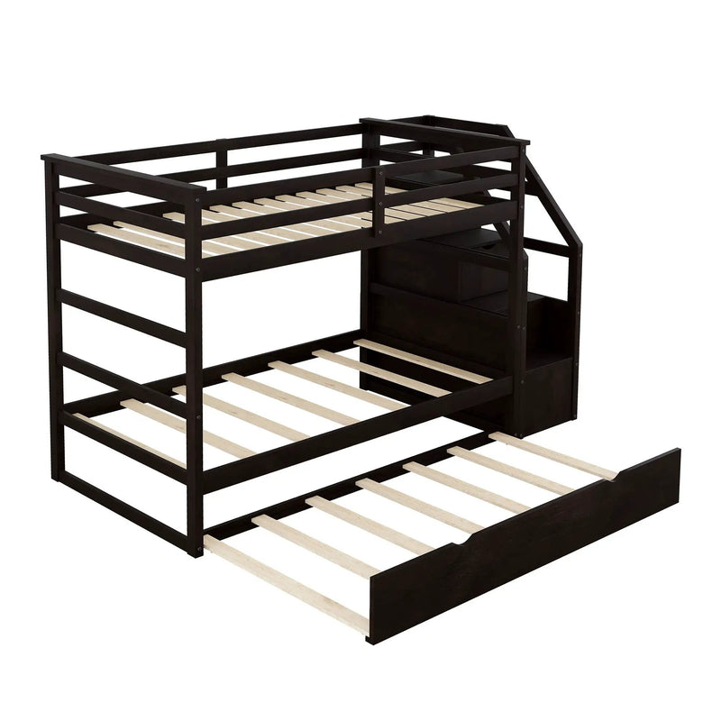 Twin Over Twin Bunk Bed With Twin Size Trundle And 3 Storage Stairs - Espresso by HouseOfZazla