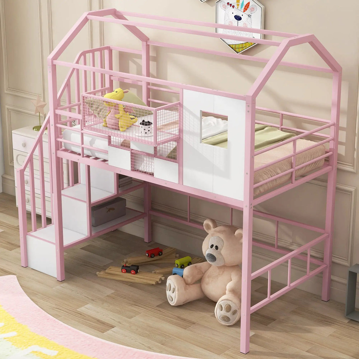Metal Loft Bed With Roof Design And Storage Box With Guardrails And Integrated Ladder by HouseOfZazla