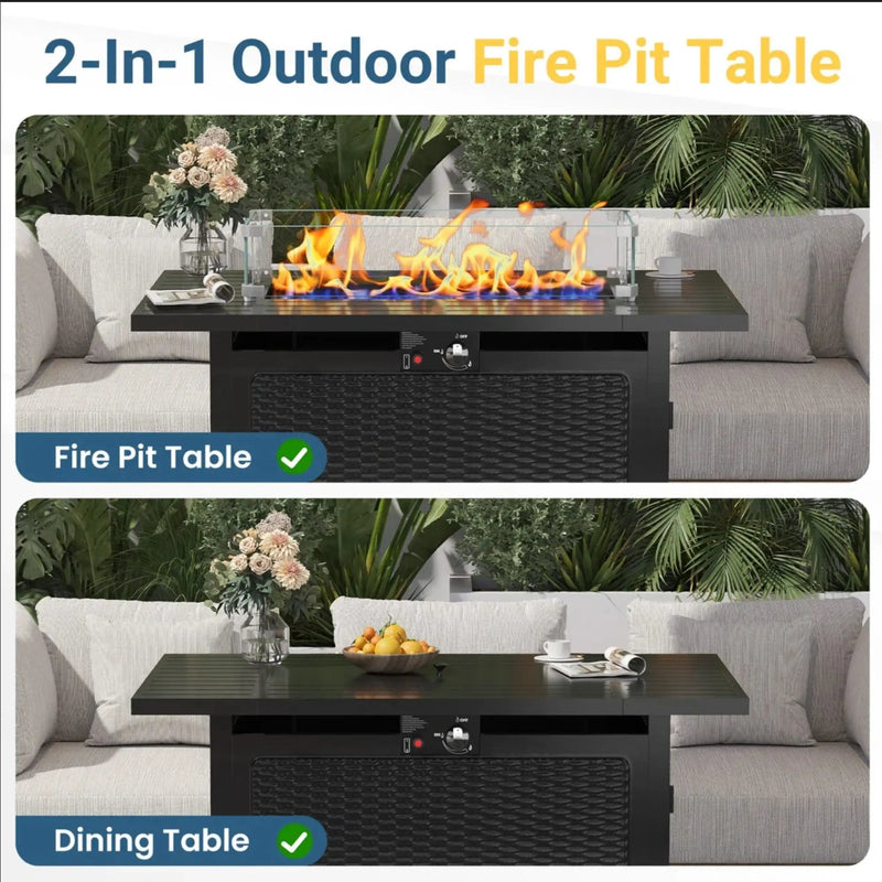 Outdoor 2 In 1 Propane Fire Pit Table With Lid & Glass Shield, Rectangular Fire Table, Lava Rock & Cover - Black by HouseOfZazla