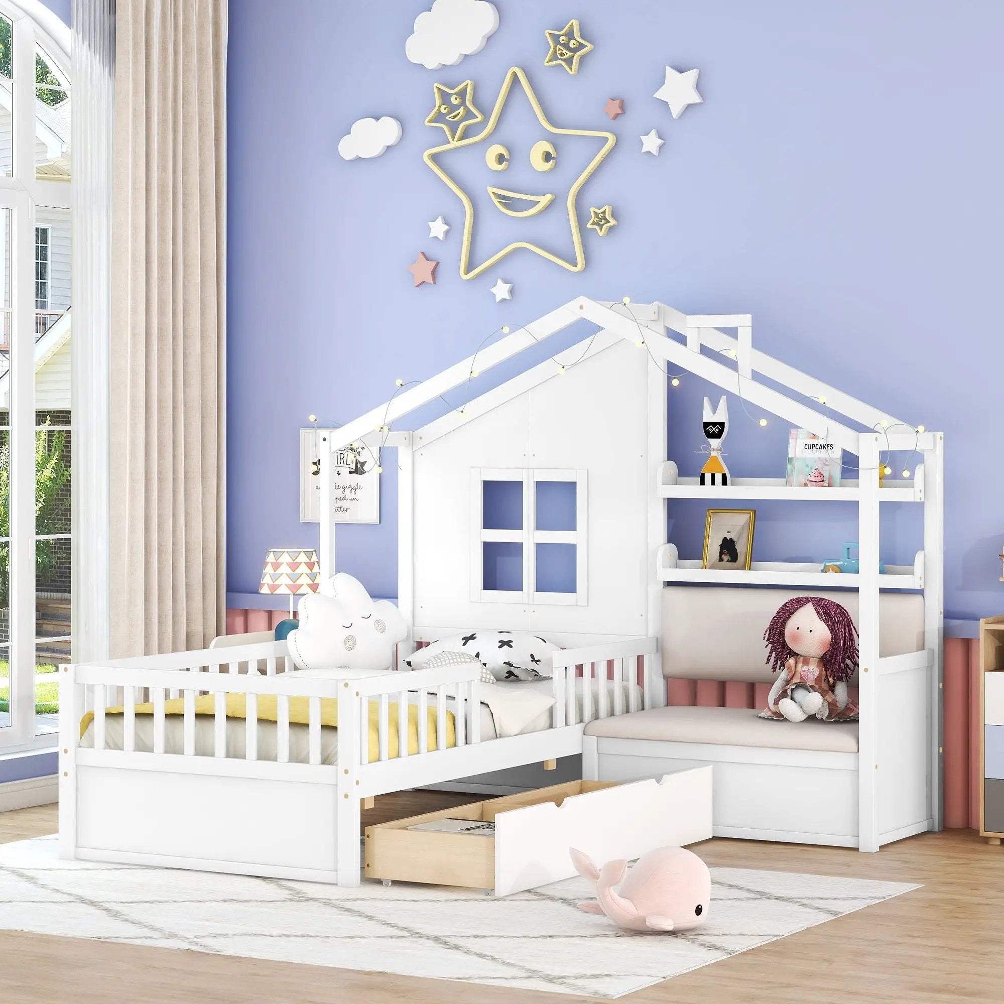 House Bed With Sofa, Kids Platform Bed With 2 Drawers And Storage Shelf by HouseOfZazla