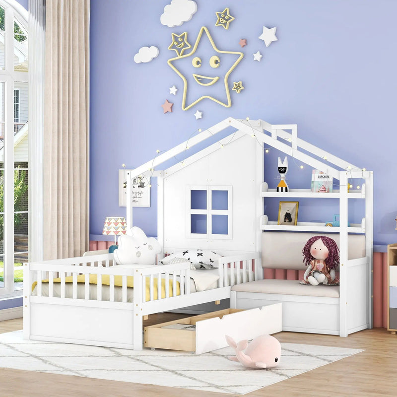 House Bed With Sofa, Kids Platform Bed With 2 Drawers And Storage Shelf by HouseOfZazla