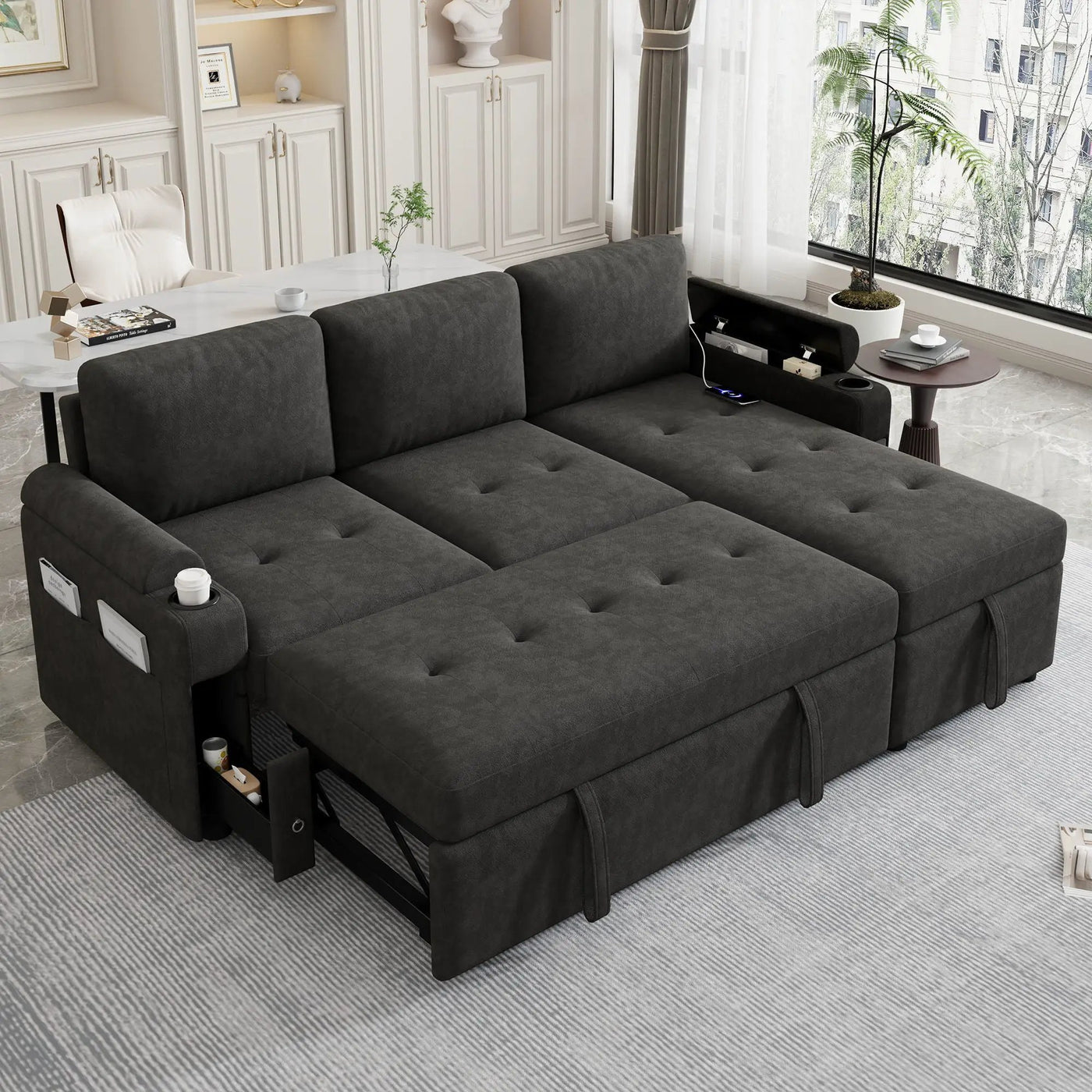 Convertible L Shaped Sofa Couch With Storage, Cup Holders, USB Ports by HouseOfZazla