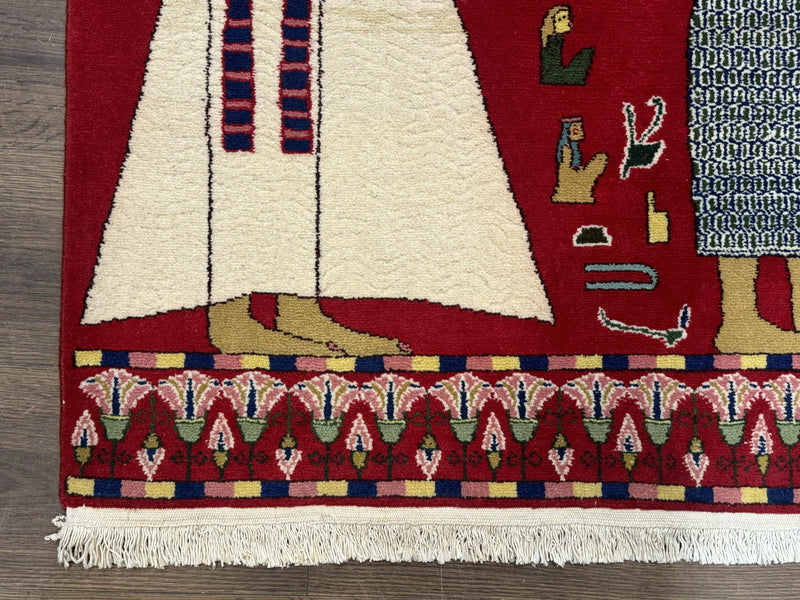 Egyptian Pictorial Rug 3x4, Hieroglyphic Pictorial Rug, Egyptian Prince and Princess, Cleopatra, Vintage Handmade, Red by Jewel Rugs