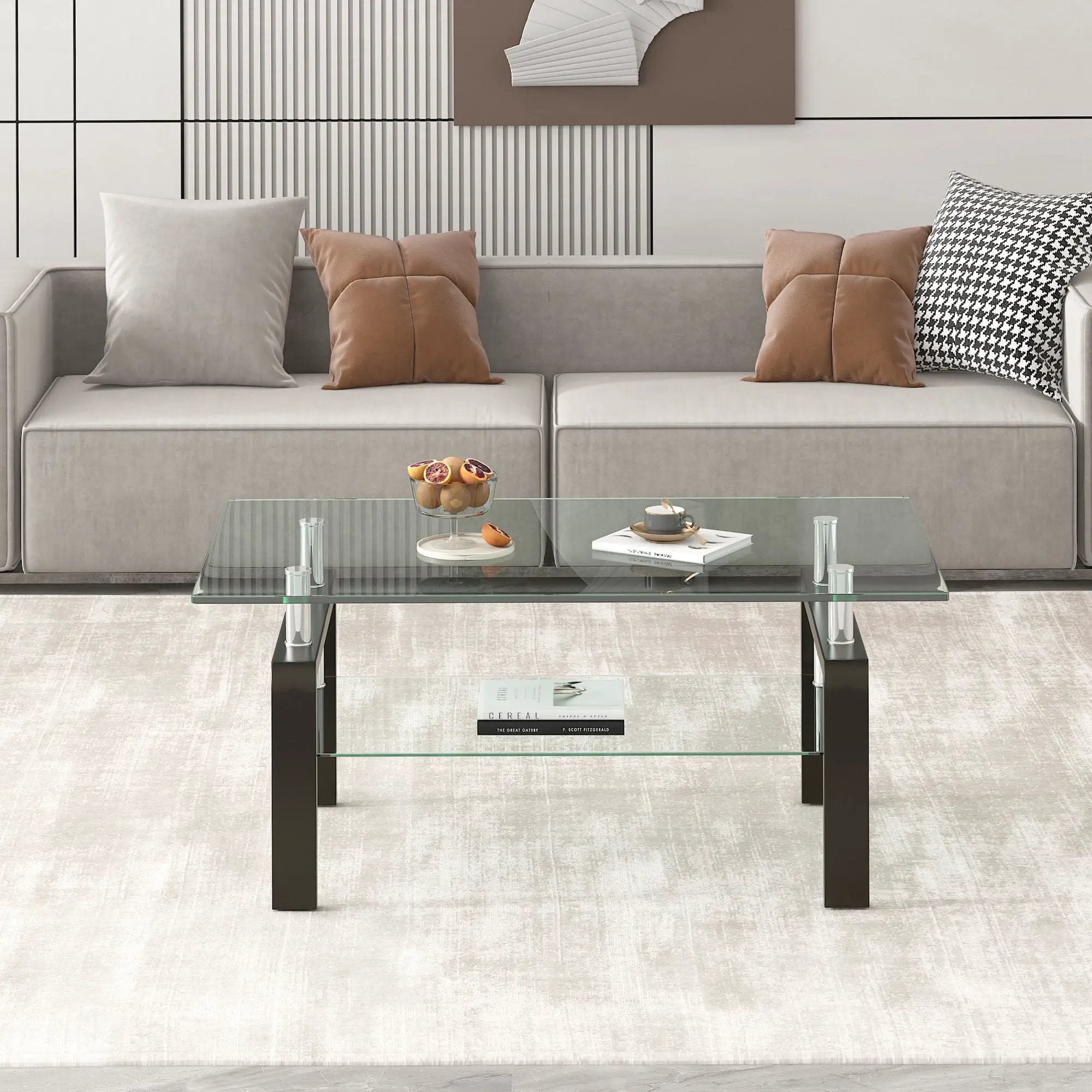 Tempered Clear Glass Coffee Table, 2-Layers Coffee Table Living Room Center Table - Black by Unique Piece Furniture