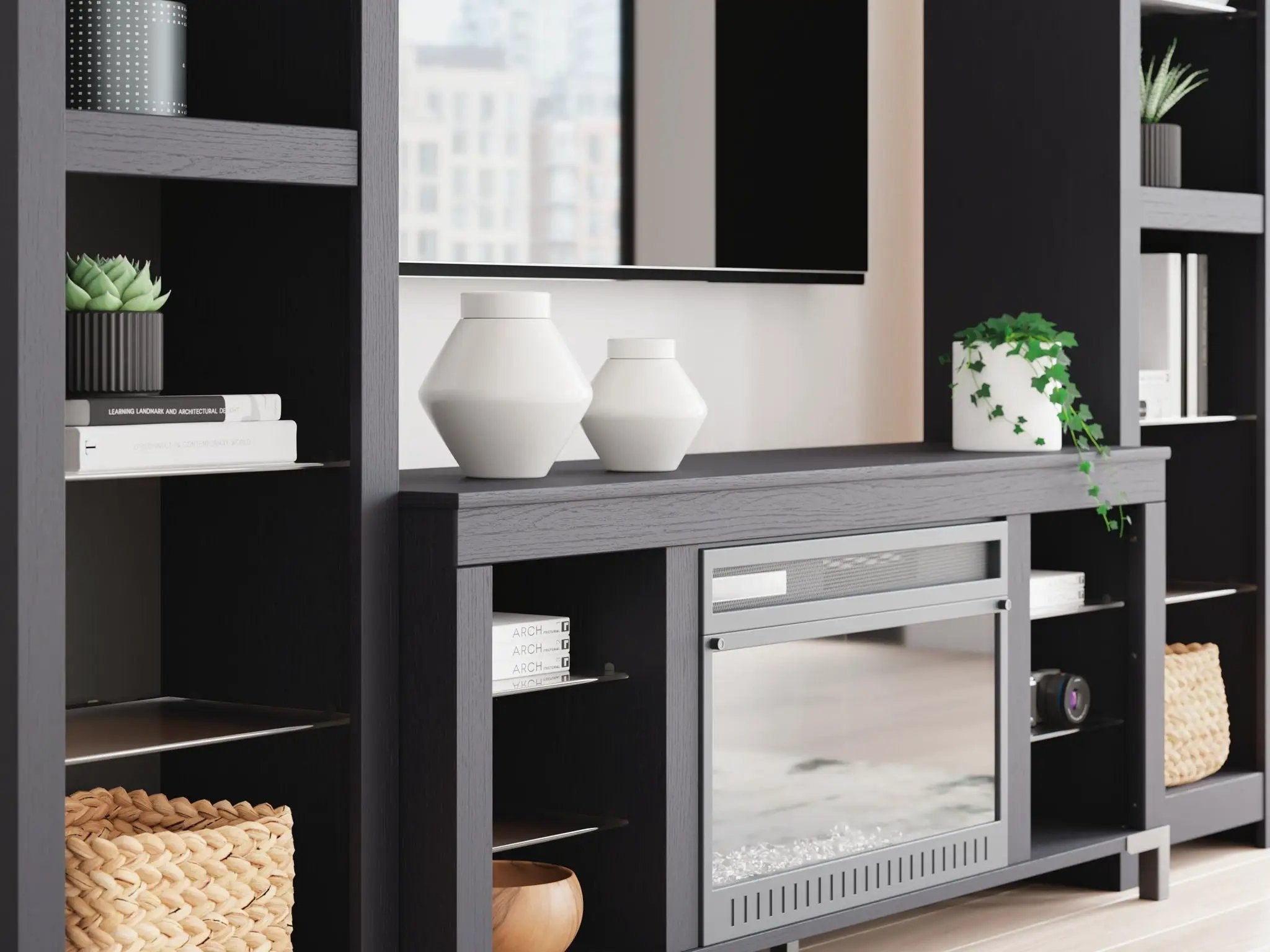 Cayberry - 3-Piece Entertainment Center With Electric Fireplace - Black by Unique Piece Furniture