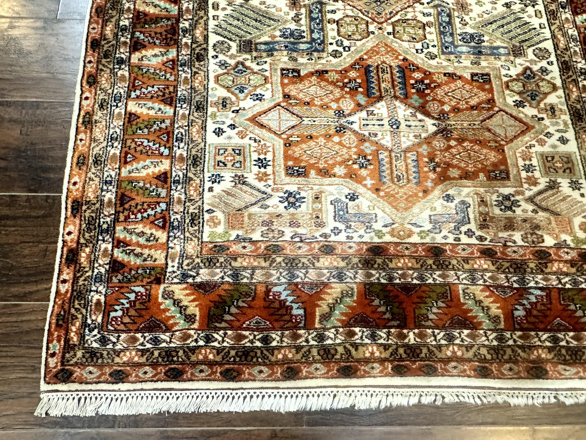 Turkish Kazak Rug 4x6, Geometric Medallions, Vintage Handmade Wool Carpet by Jewel Rugs