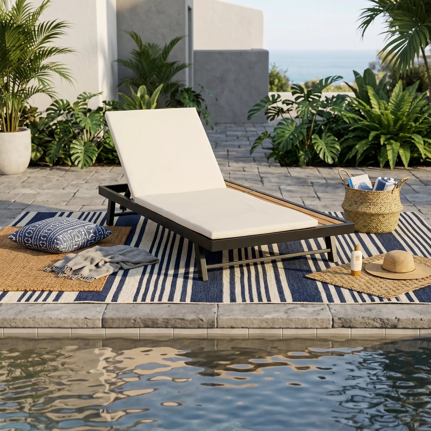 Black Iron and Teak Finish Outdoor Chaise Lounge Set by HouseOfZazla