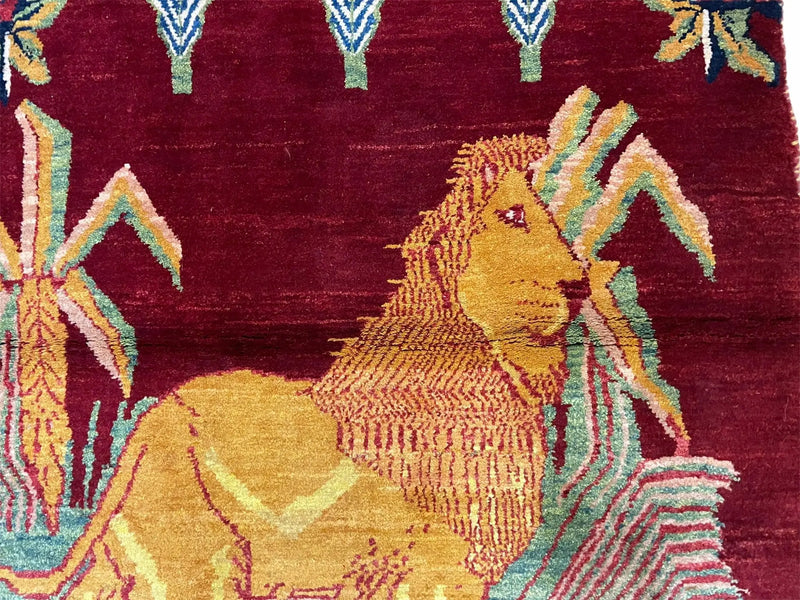 3 X 5 Handmade Rug New Vintage Rug Quality Wool Pictorial Lion Jungle Veg Dyes by Jewel Rugs