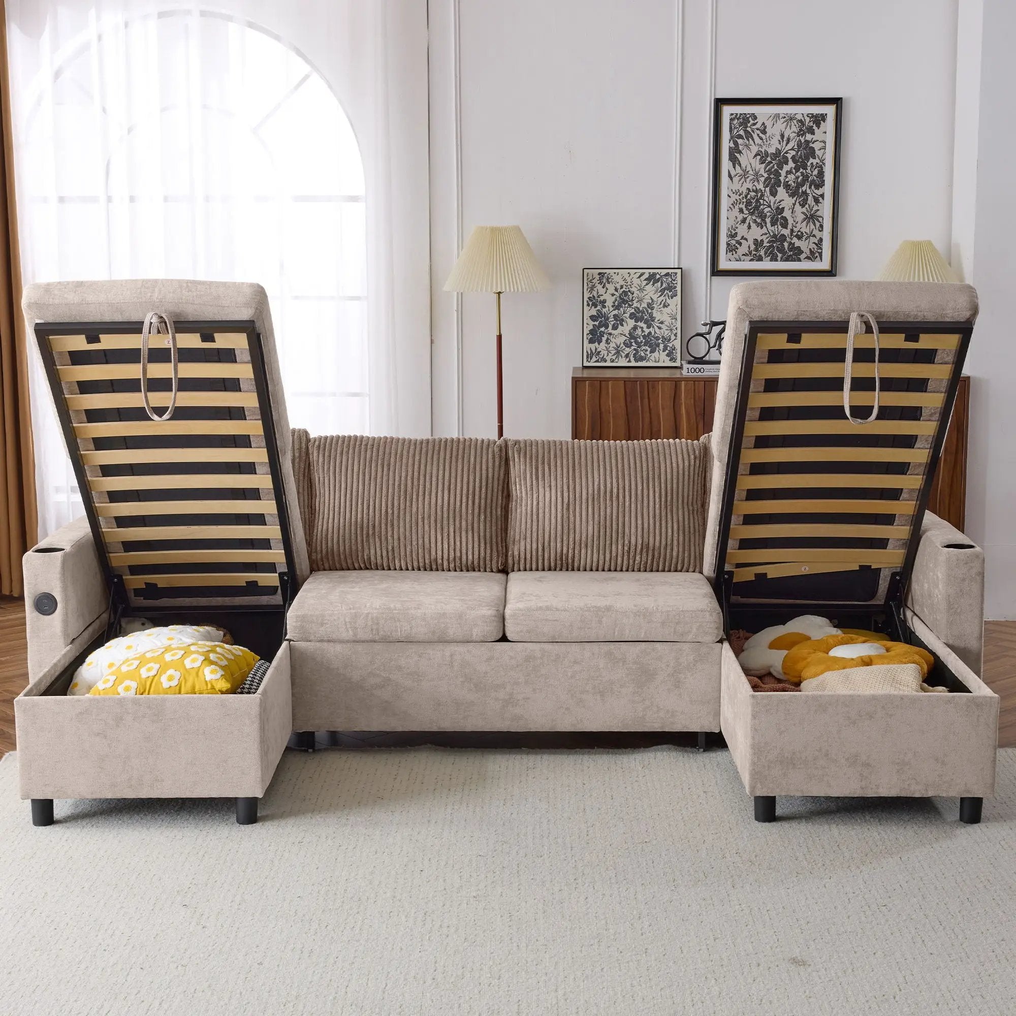 Sectional Sofa Bed With Pull Out Sleeper, USB Ports, Cup Holders by HouseOfZazla