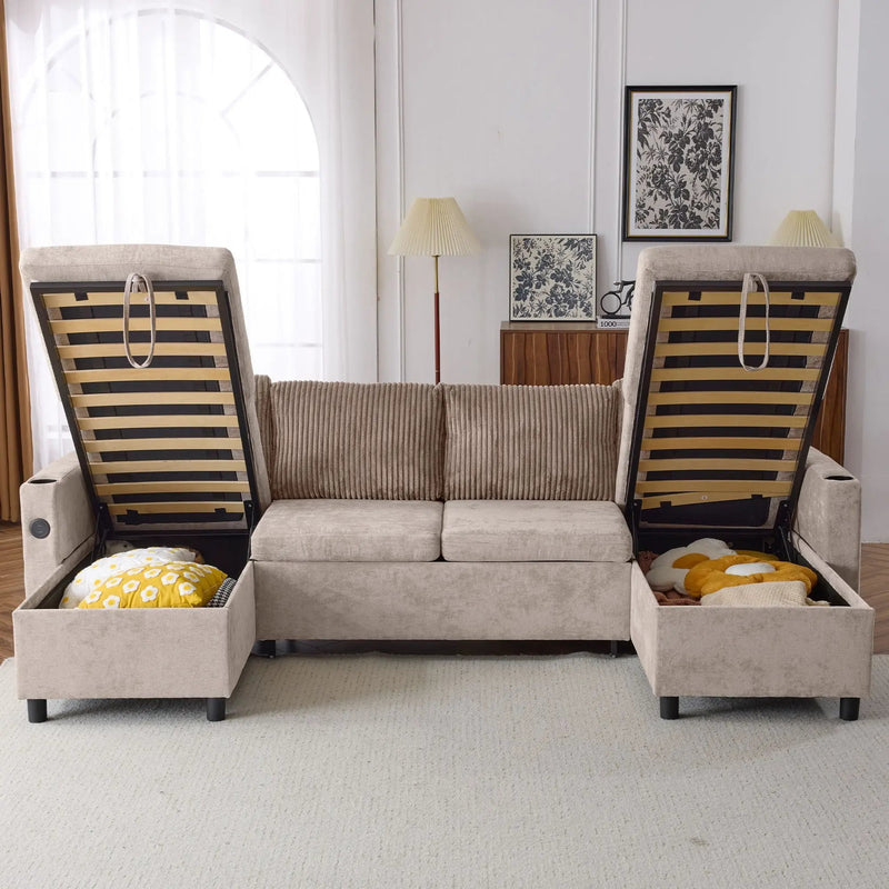 Sectional Sofa Bed With Pull Out Sleeper, USB Ports, Cup Holders by HouseOfZazla