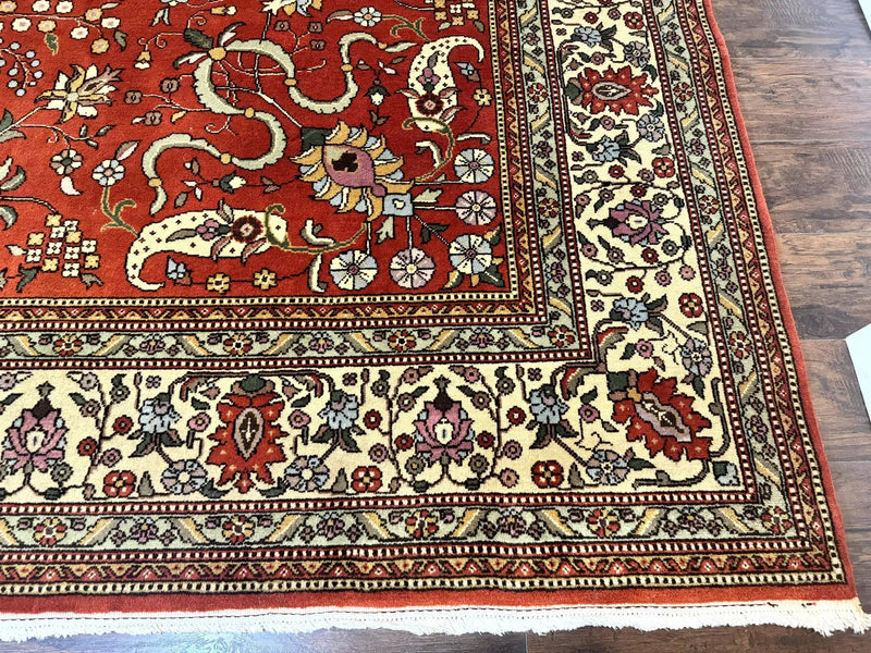 Romanian Rug 10x13, Vintage Handmade Wool Carpet, Floral Pattern, Birds, Red and Cream, Signed By Masterweaver, Persian Rug by Jewel Rugs