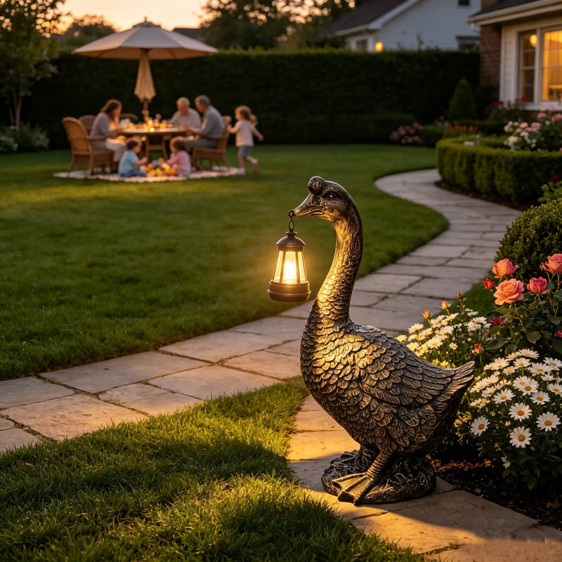 21'' Antique Bronze Goose Statue With Solar Lantern by HouseOfZazla