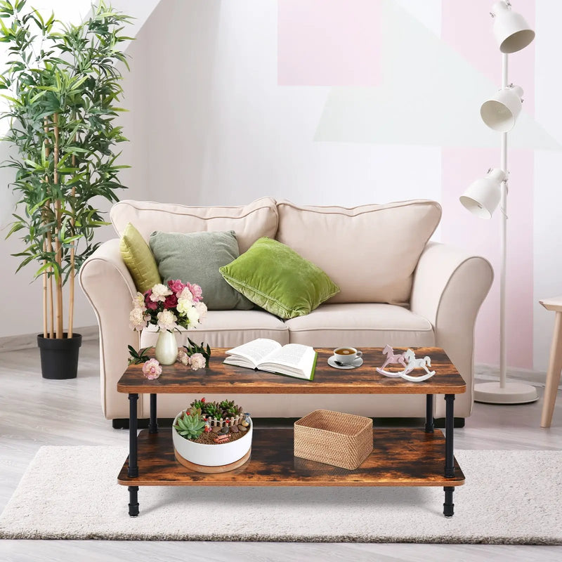Industrial Vintage Coffee Table with 2-Tier Storage Shelf by DirectDeals