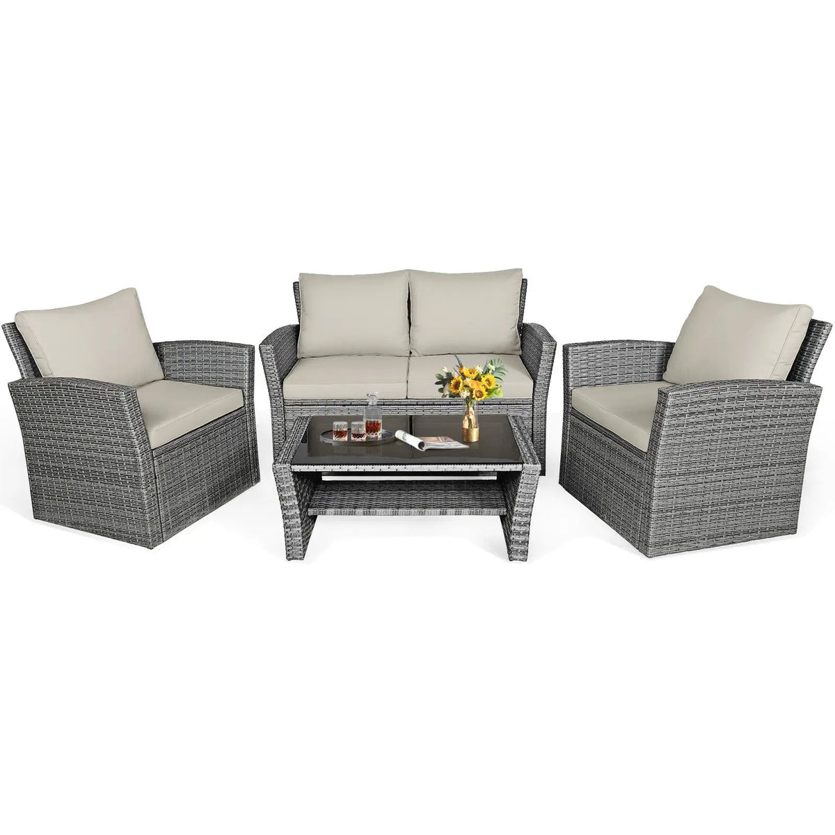4 Pieces Patio Rattan Furniture Set Sofa Table with Storage Shelf Cushion by DirectDeals