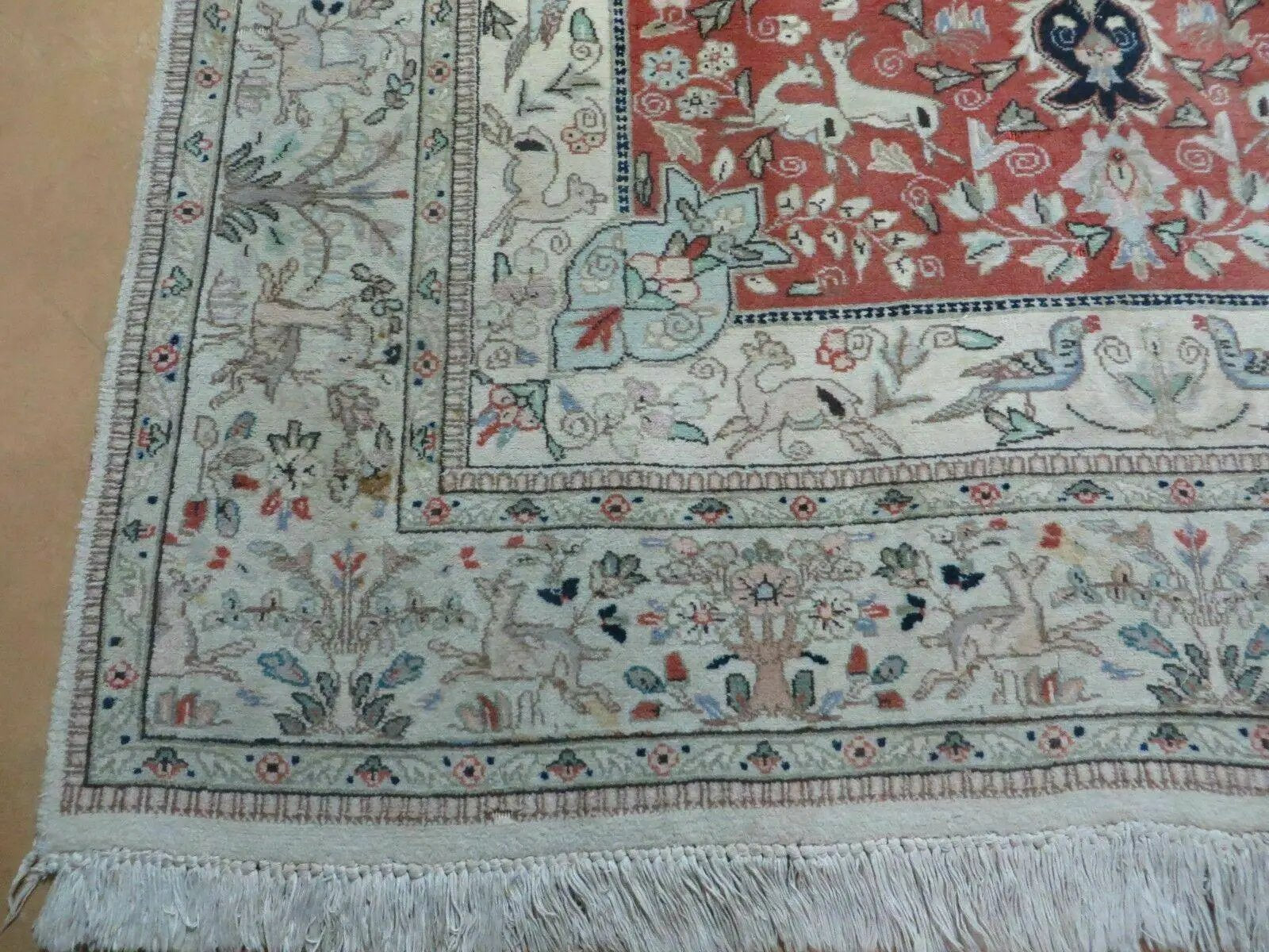6' X 9' Vintage Handmade India Oriental Floral Wool Rug Hunting Bird Deer Nice by Jewel Rugs