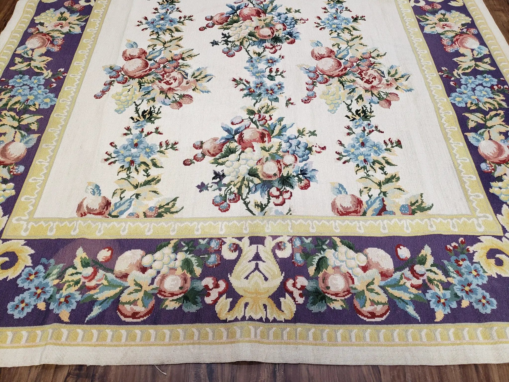 Vintage Chinese Floral Needlepoint Area Rug 6x9, Wool Hand-Woven Handmade Flatweave Rug, Ivory & Purple, Fruits Grapes Apples, Dining Room by Jewel Rugs