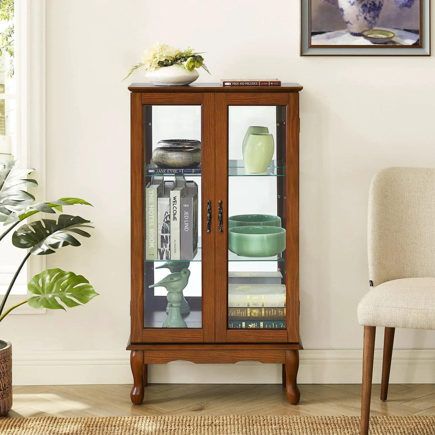 Curio Cabinet Lighted Curio Diapaly Cabinet With Adjustable Shelves And Mirrored Back Panel, Tempered Glass Doors (3 Tier), (E26 Light Bulb Not Included) by HouseOfZazla