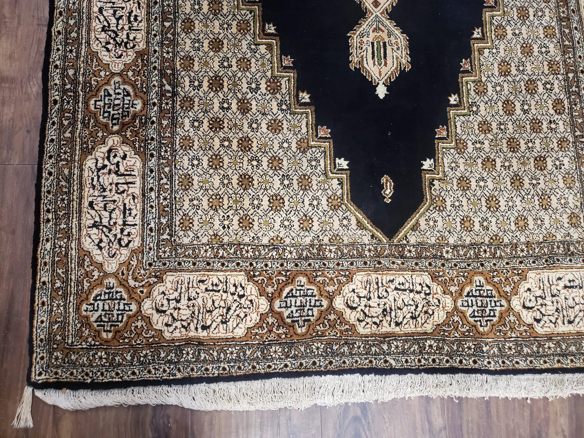 Persian Silk Qum Rug, Silk on Silk, Black Golden Brown and Beige, Hand-Knotted, 3'6" x 5' 5" by Jewel Rugs
