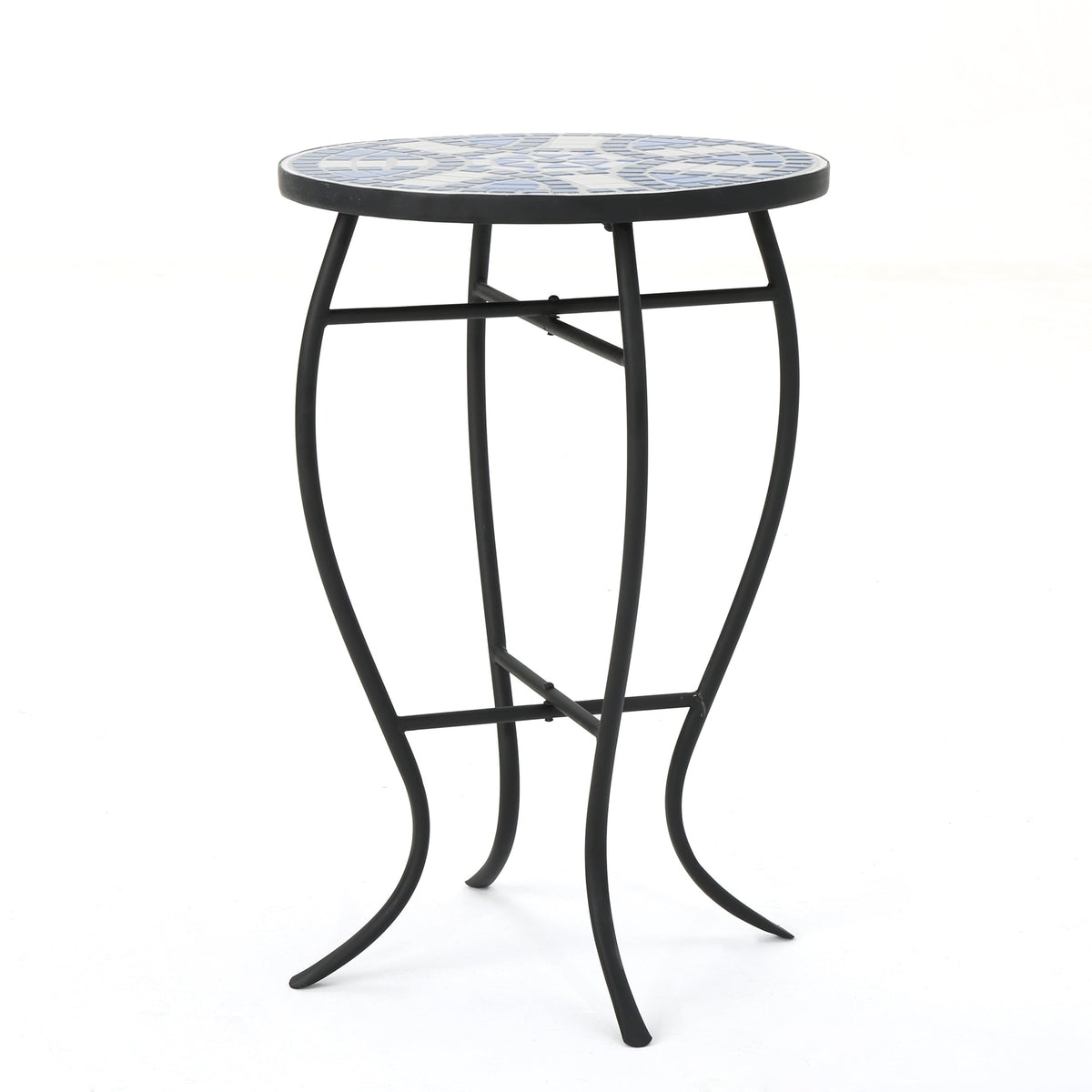 Outdoor Round Side Table with Mosaic-Style Top - White+Blue, photo 7 of 10