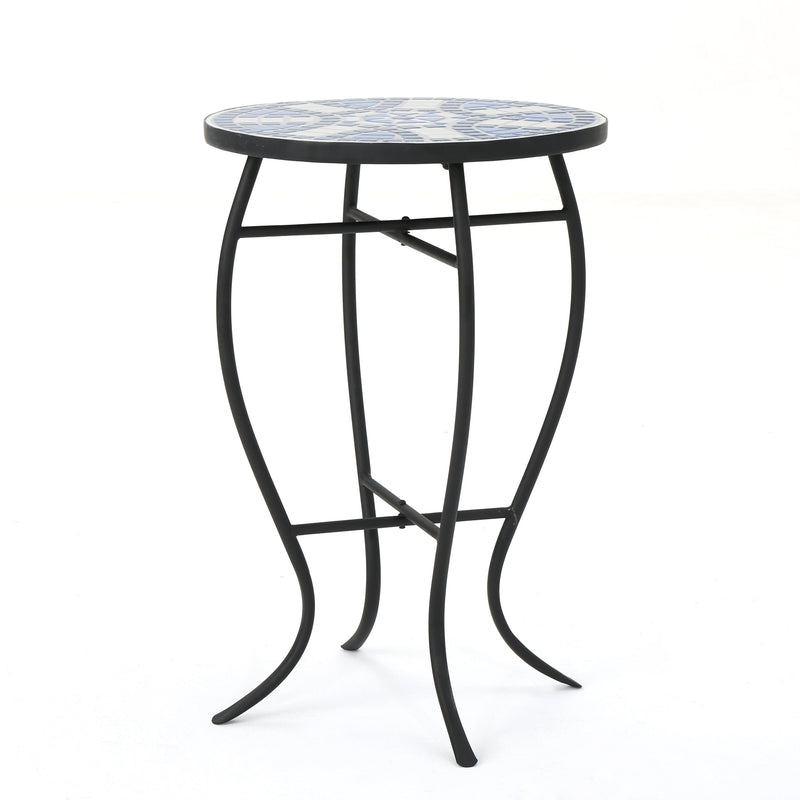 Outdoor Round Side Table with Mosaic-Style Top - White+Blue, photo 7 of 10