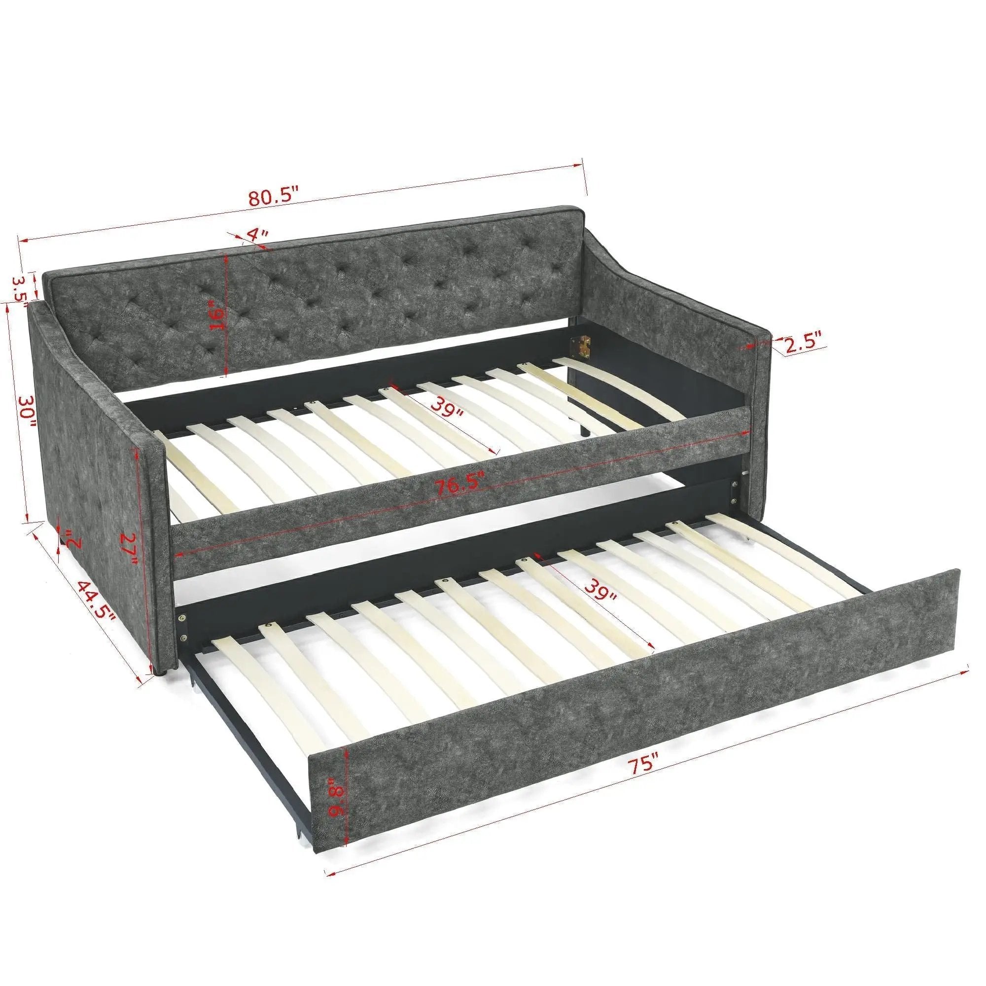 Twin Upholstered Daybed With Trundle, Waved Arms - Gray by HouseOfZazla