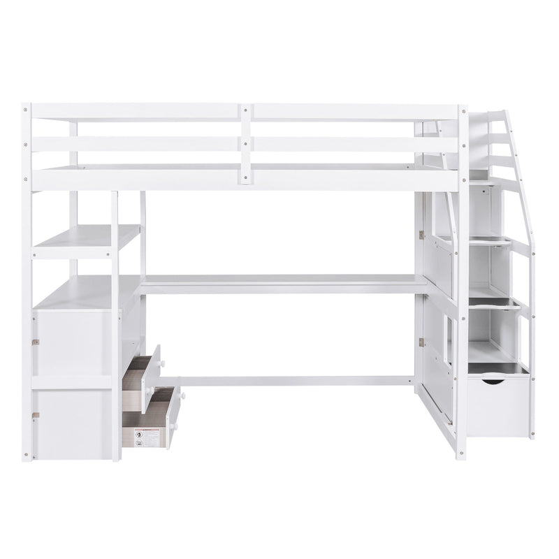 Loft Bed With Desk, Shelves, 2 Drawers, Storage Staircase