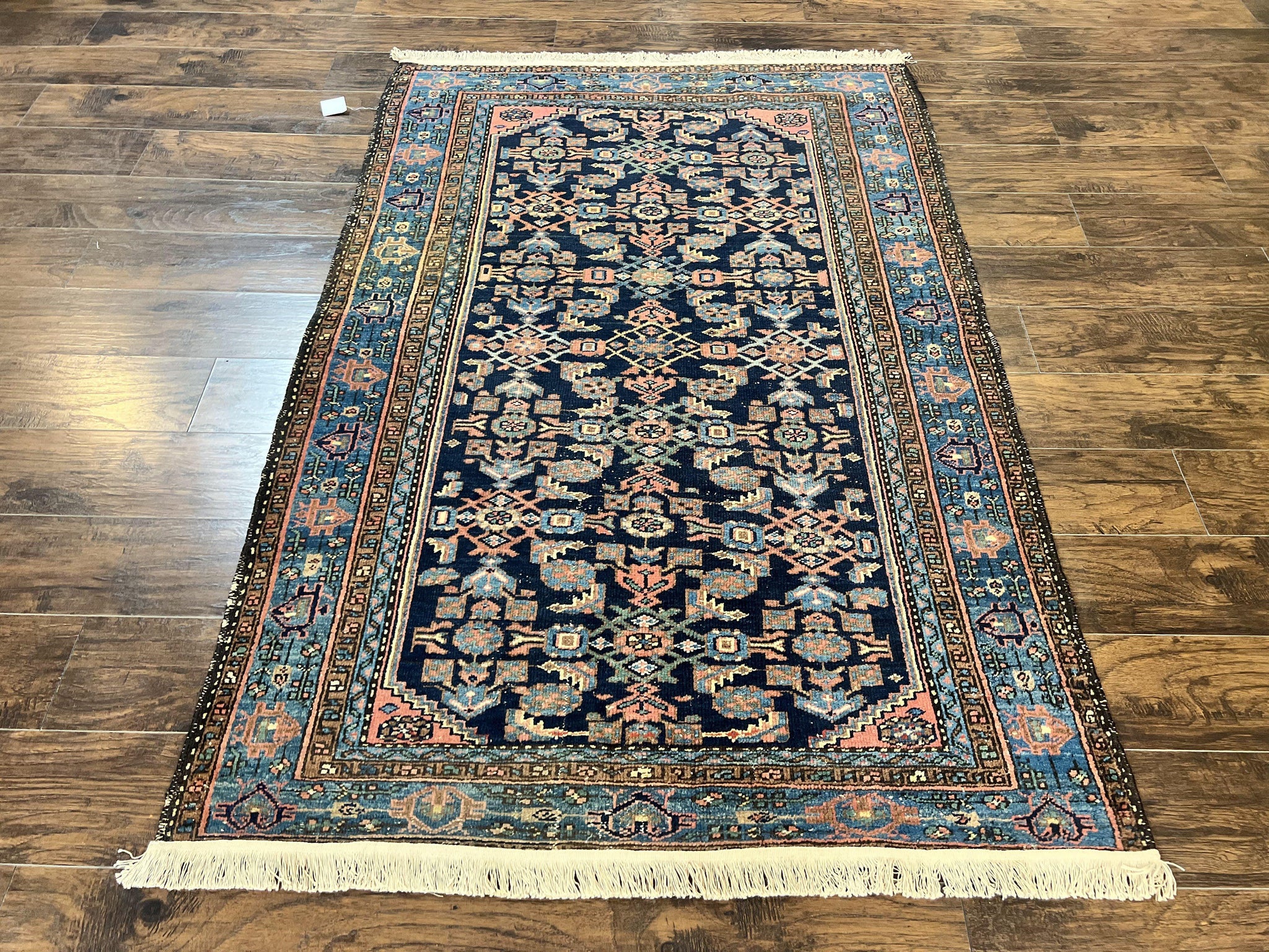 Antique Persian Tribal Rug 5x7, Navy Blue & Pink, Hand Knotted Handmade 1920s Wool Rug, Allover Pattern, Persian Hamadan Rug by Jewel Rugs