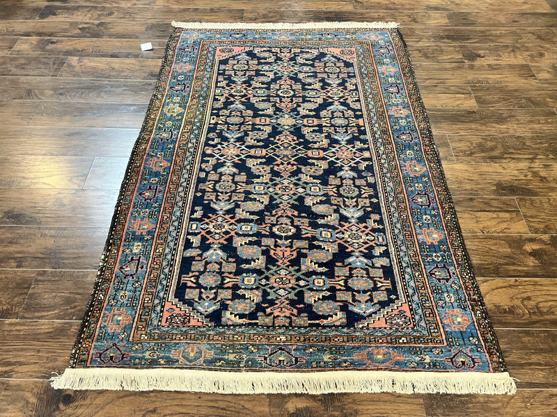 Antique Persian Tribal Rug 5x7, Navy Blue & Pink, Hand Knotted Handmade 1920s Wool Rug, Allover Pattern, Persian Hamadan Rug by Jewel Rugs