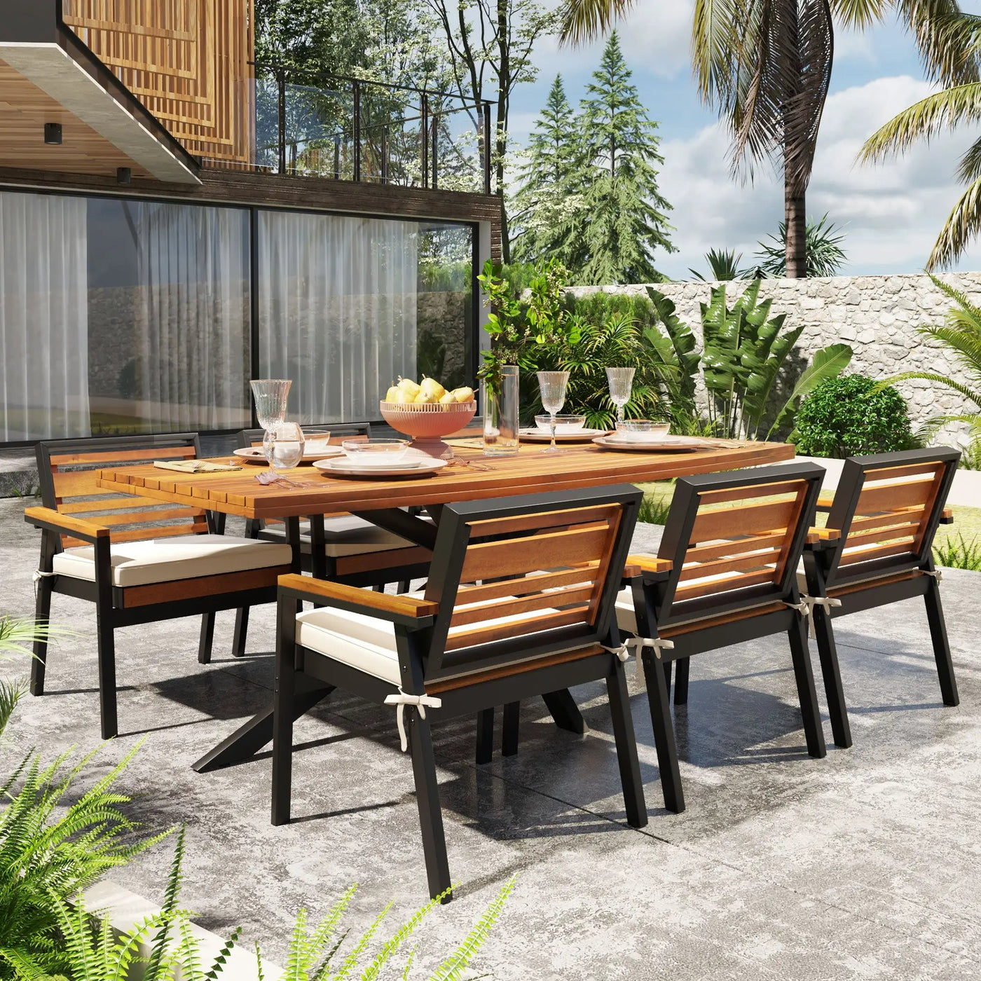 Modern 7-Piece Dining Set with Acacia Wood and Iron Frame by HouseOfZazla