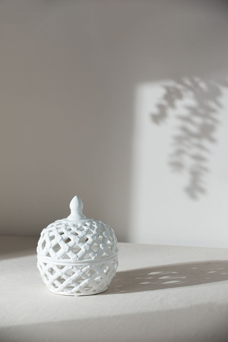 Ceramic Lidded Jar with Lattice Design - White, photo 2 of 11