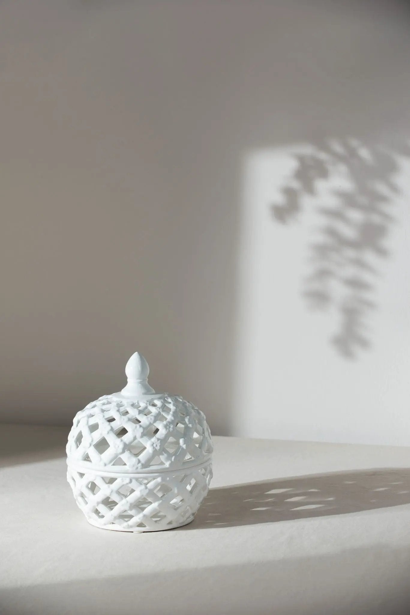 Ceramic Lidded Jar With Lattice Design - White by HouseOfZazla
