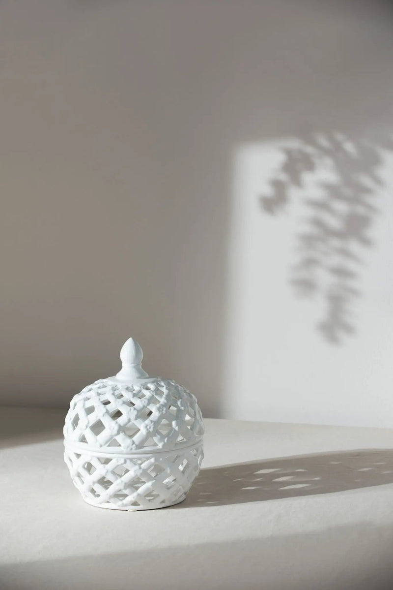 Ceramic Lidded Jar With Lattice Design - White by Unique Piece Furniture