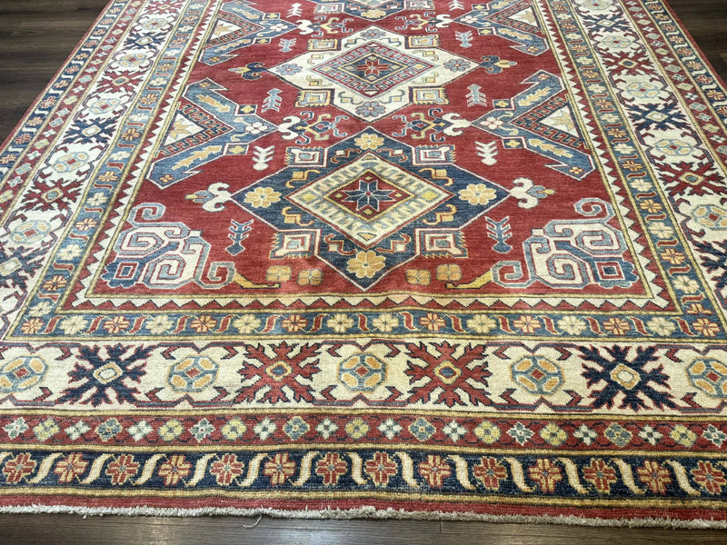 Turkish Kazak Rug 7.6 x 9.5, Geometric Medallions, Caucasian Pattern by Jewel Rugs