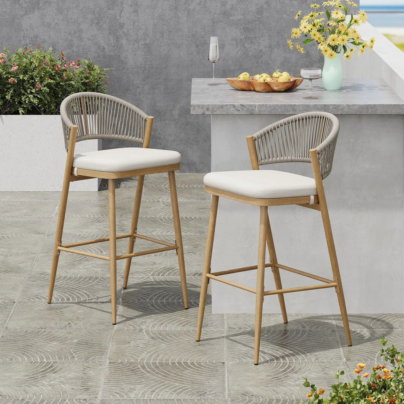 Outdoor Bar Height Metal Frame Counter Stools with Scallop-Shaped Backrest & Water-Resistant Cushions by HouseOfZazla