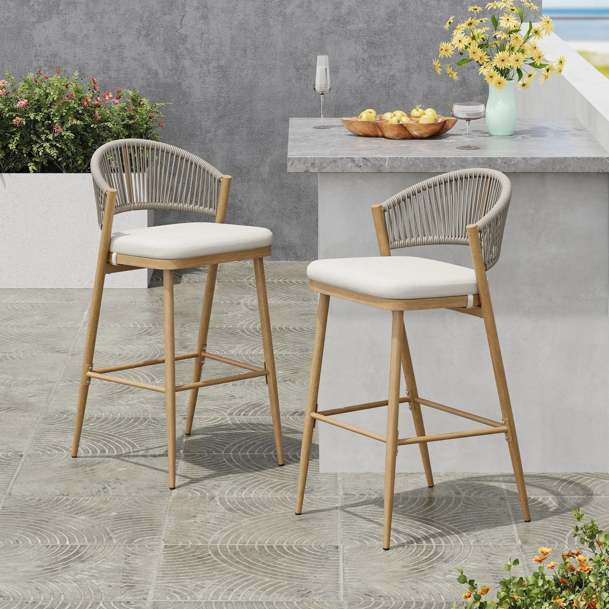 Outdoor Bar Height Metal Frame Counter Stools with Scallop-Shaped Backrest & Water-Resistant Cushions by HouseOfZazla