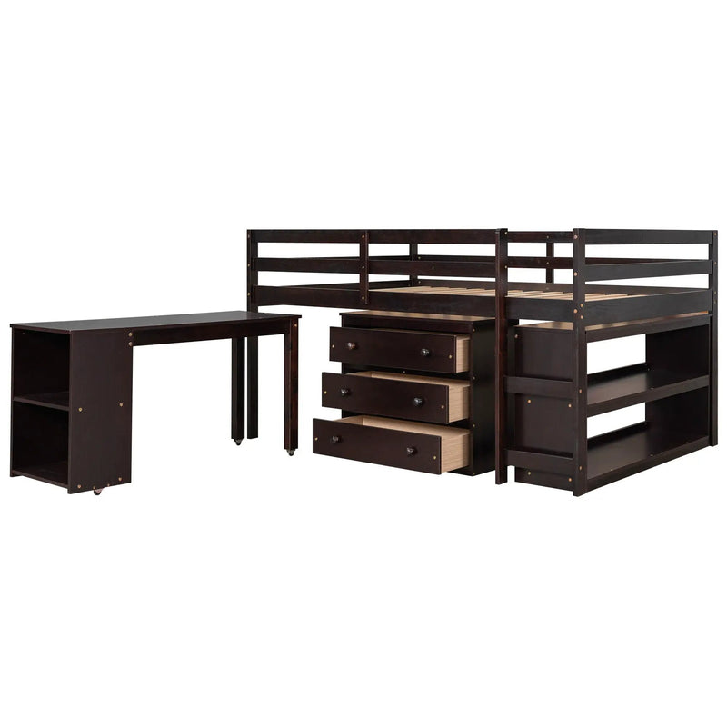 Loft Low Study Bed With Cabinet, Shelves And Rolling Portable Desk, Multiple Functions by HouseOfZazla