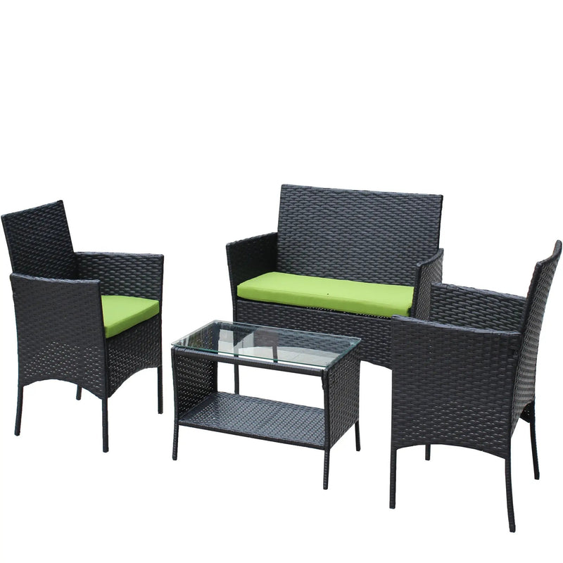 4 PC Rattan Patio Furniture Set Outdoor Cushioned Wicker Sofa Green Cushion by HouseOfZazla