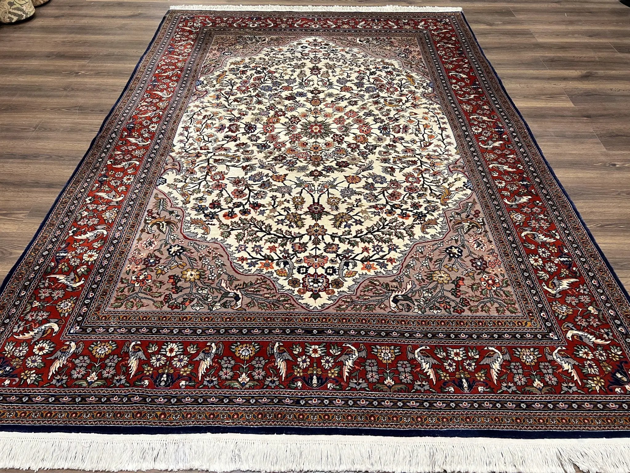 Beautiful Sino Persian Rug 7x10, Circle of Life Tree of Life Rug, Birds, Cream Red Navy Blue Taupe, Wool Silk Accents, Hand Knotted Vintage by Jewel Rugs