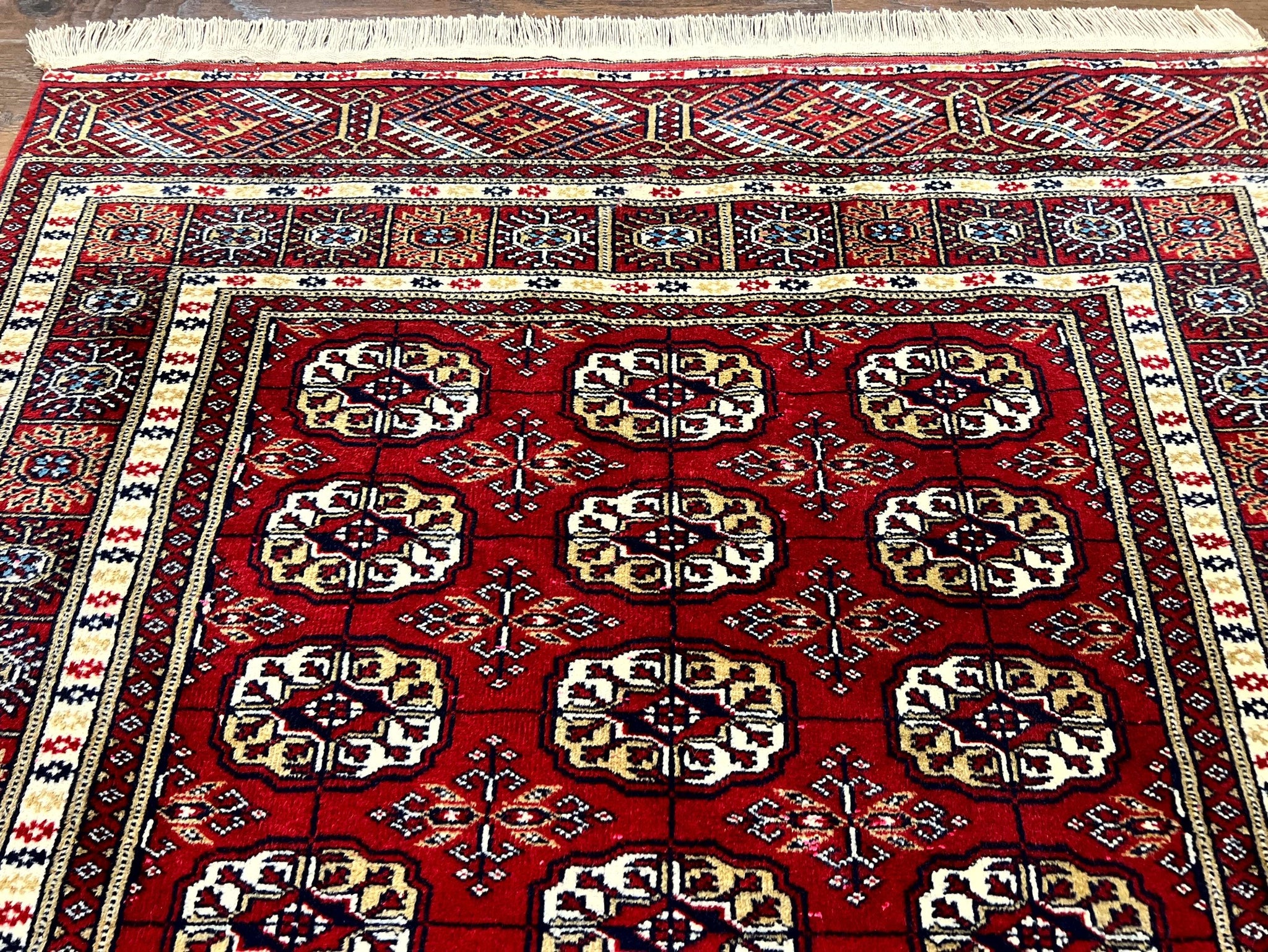 Pakistani Bokhara Rug 4x6, Red Turkoman Carpet, Finely Hand Knotted, Wool Vintage Rug by Jewel Rugs