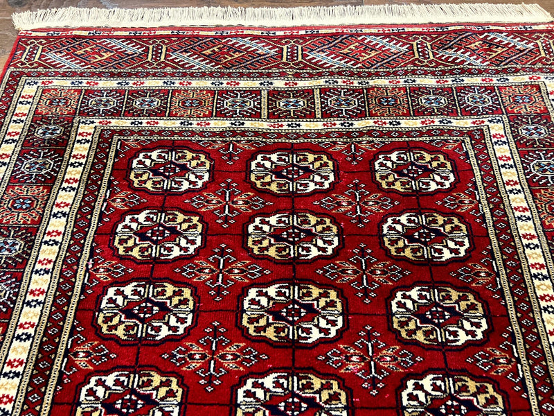 Pakistani Bokhara Rug 4x6, Red Turkoman Carpet, Finely Hand Knotted, Wool Vintage Rug by Jewel Rugs