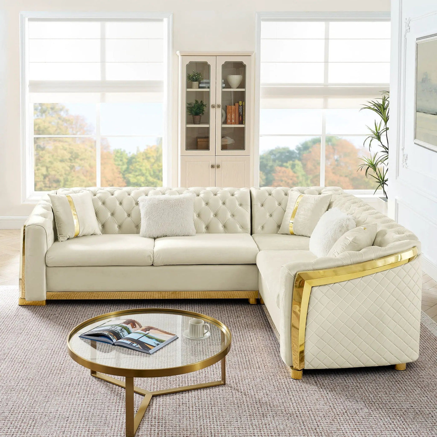 L Shaped Chesterfield Sectional Sofa With Stainless Steel Accents by Unique Piece Furniture