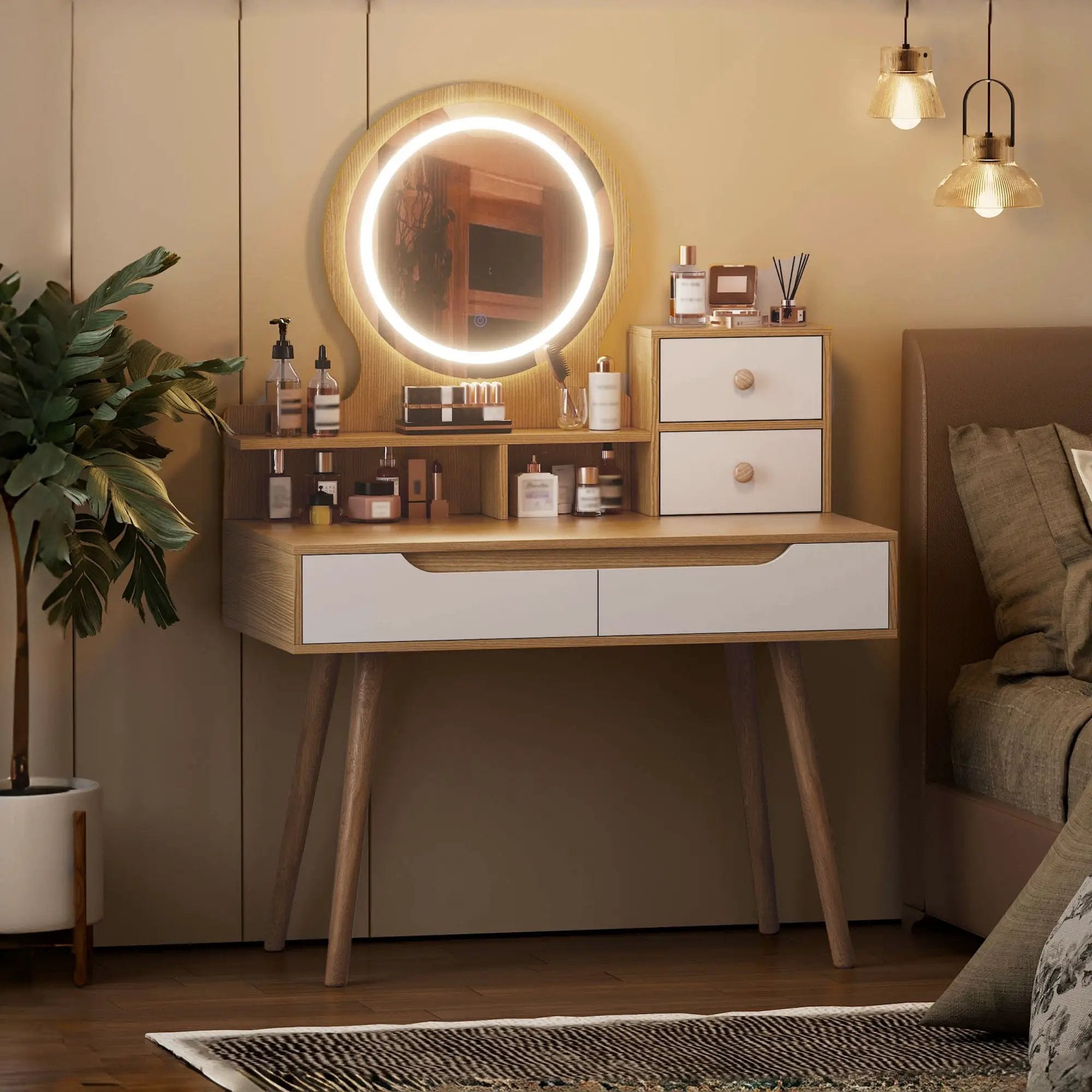 Elegant Makeup Vanity Desk With Adjustable Lighted Mirror Table Feet - American White Oak by Unique Piece Furniture