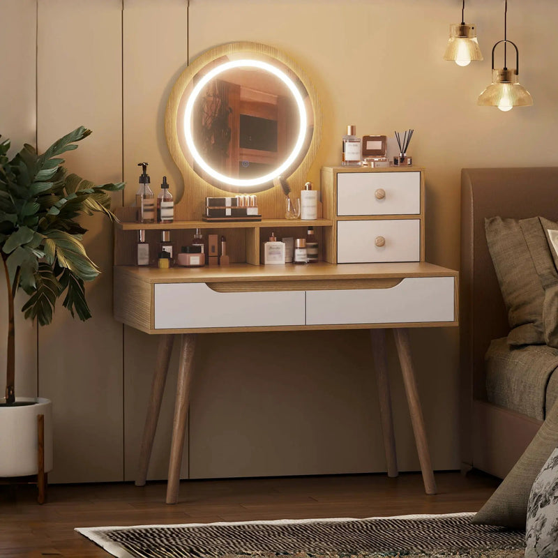 Elegant Makeup Vanity Desk With Adjustable Lighted Mirror Table Feet - American White Oak by HouseOfZazla