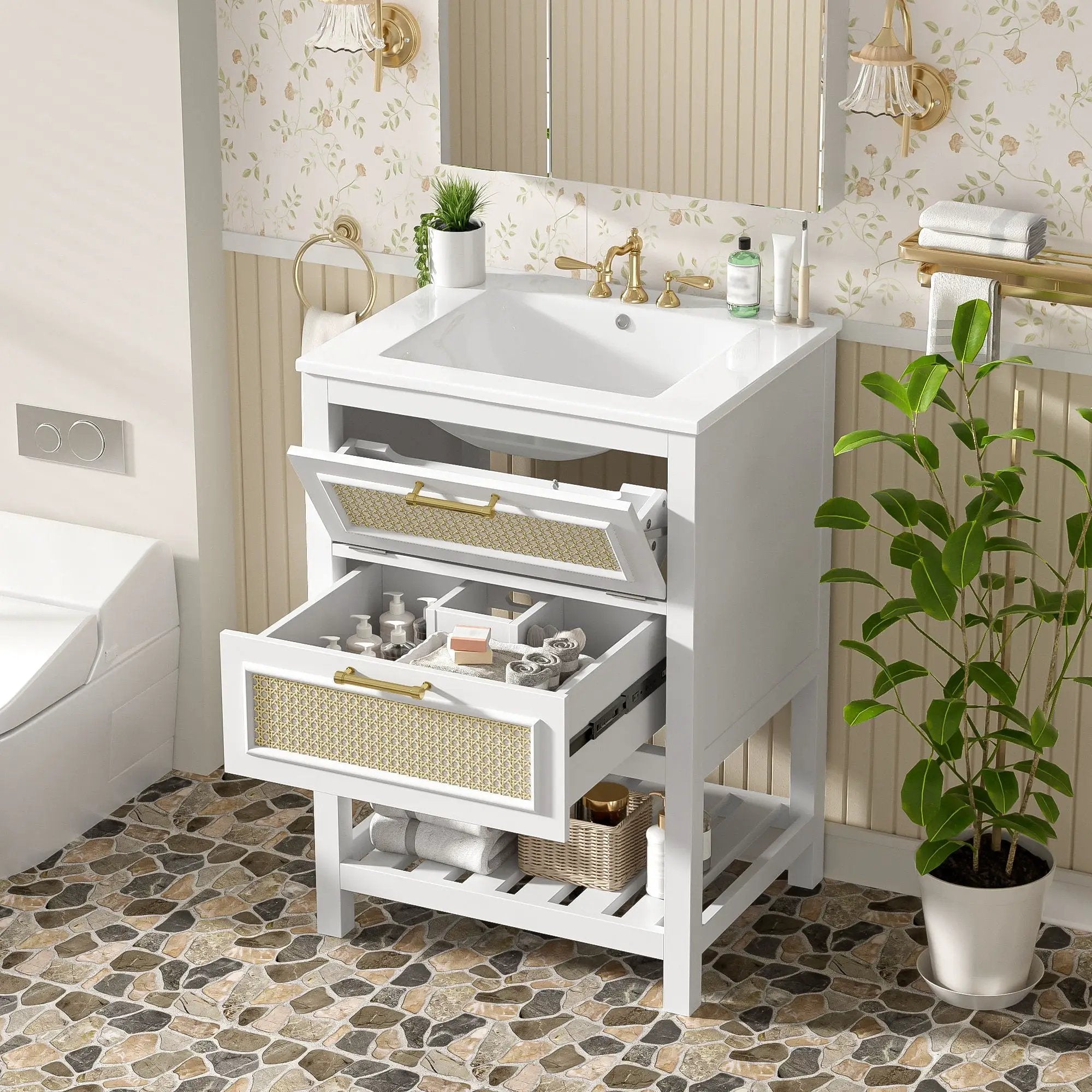 Modern Bathroom Vanity With Integrated Sink, Cabinet With 1 Deep Drawer And 1 Tip-Out Drawer by Unique Piece Furniture